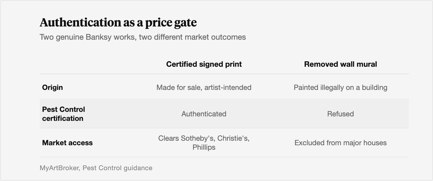 Table contrasting two genuine Banksy works: a Pest Control certified signed print, made for sale, which clears Sotheby's, Christie's, and Phillips, versus an authentic wall mural removed from a building, which Pest Control refuses to certify and which is excluded from the major auction houses.